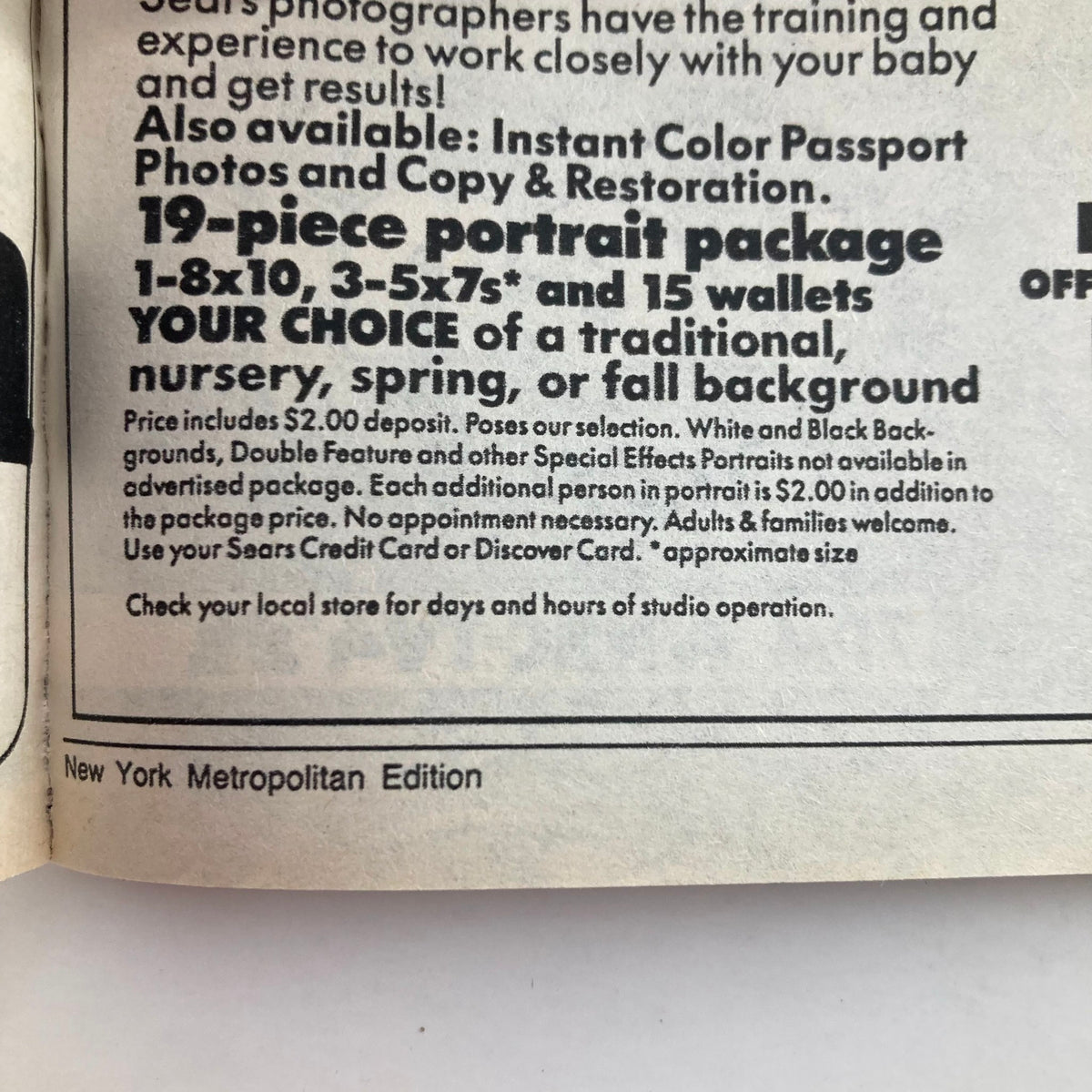 Advertisement from TV Guide Magazine February 18, 1989, New York Metropolitan Edition, promoting a 19-piece portrait package. The ad highlights services for family and children's portraits, including pricing details and photo options.