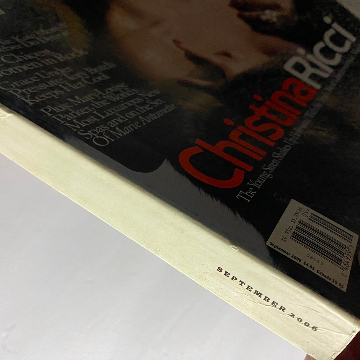 Side view of W Magazine September 2006 with Christina Ricci cover, highlighting the publication date and vintage condition.