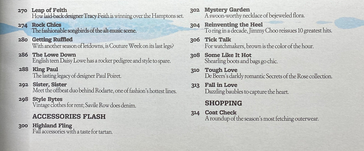Interior page of W Magazine September 2006 including contents listing with article titles such as 'Leap of Feith' and 'Rock Chics'.