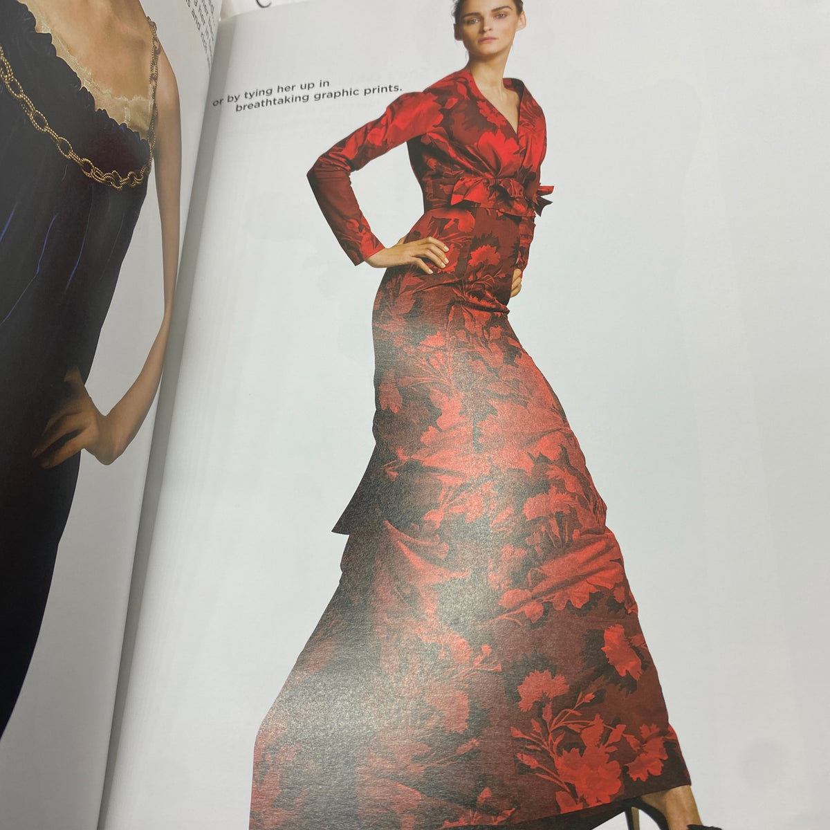 Model wearing a stunning red gown featuring breathtaking graphic prints, showcased in W Magazine September 2006 issue with actress Christina Ricci on the cover.