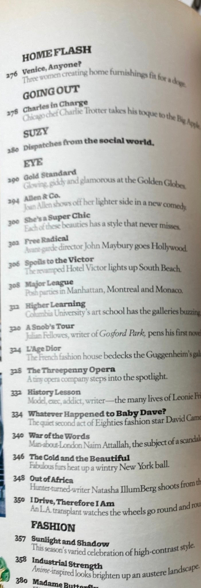 Table of contents from W Magazine March 2005, showcasing articles and features related to fashion and celebrity culture.