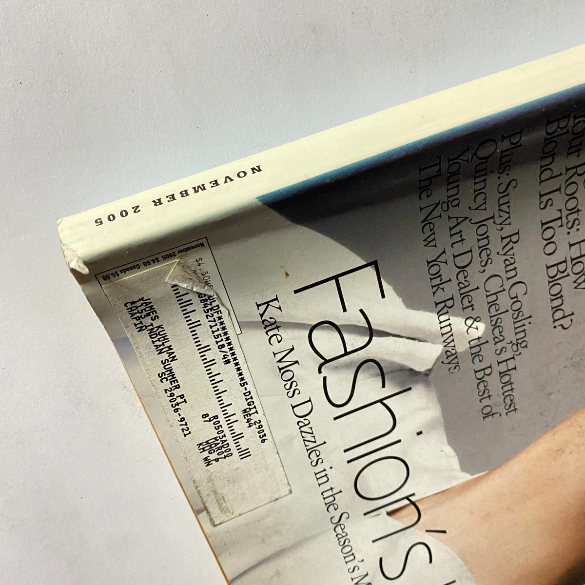 Side view of W Magazine November 2005 showing the issue's title and publication date, highlighting its collectible nature.