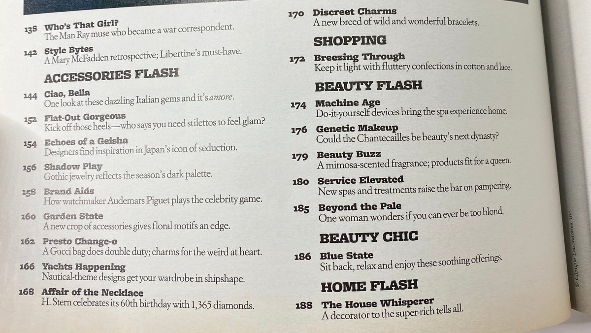 Table of contents from W Magazine November 2005, listing features including articles on fashion and beauty, emphasizing the magazine's significance in fashion history.