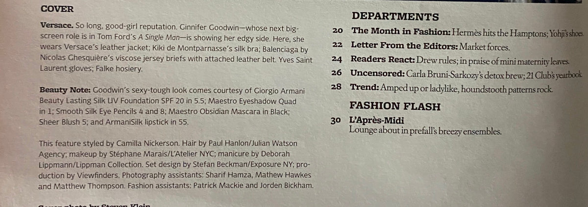 Interior page of W Magazine June 2009 depicting sections and departments, showcasing the contents including fashion highlights and features on actress Ginnifer Goodwin.