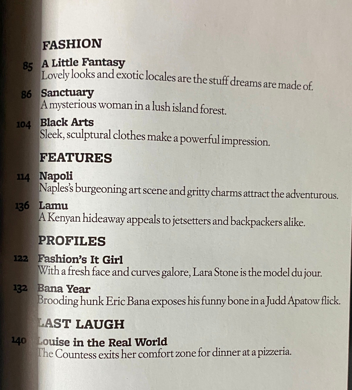 Interior page of W Magazine August 2009, detailing fashion articles including profiles and features related to Lara Stone, Fashion's It Girl.