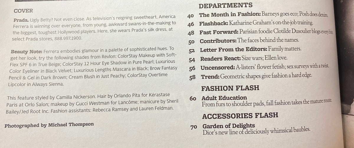 Departments section from W Magazine May 2007 featuring articles and features related to fashion and beauty, including a profile on America Ferrera.