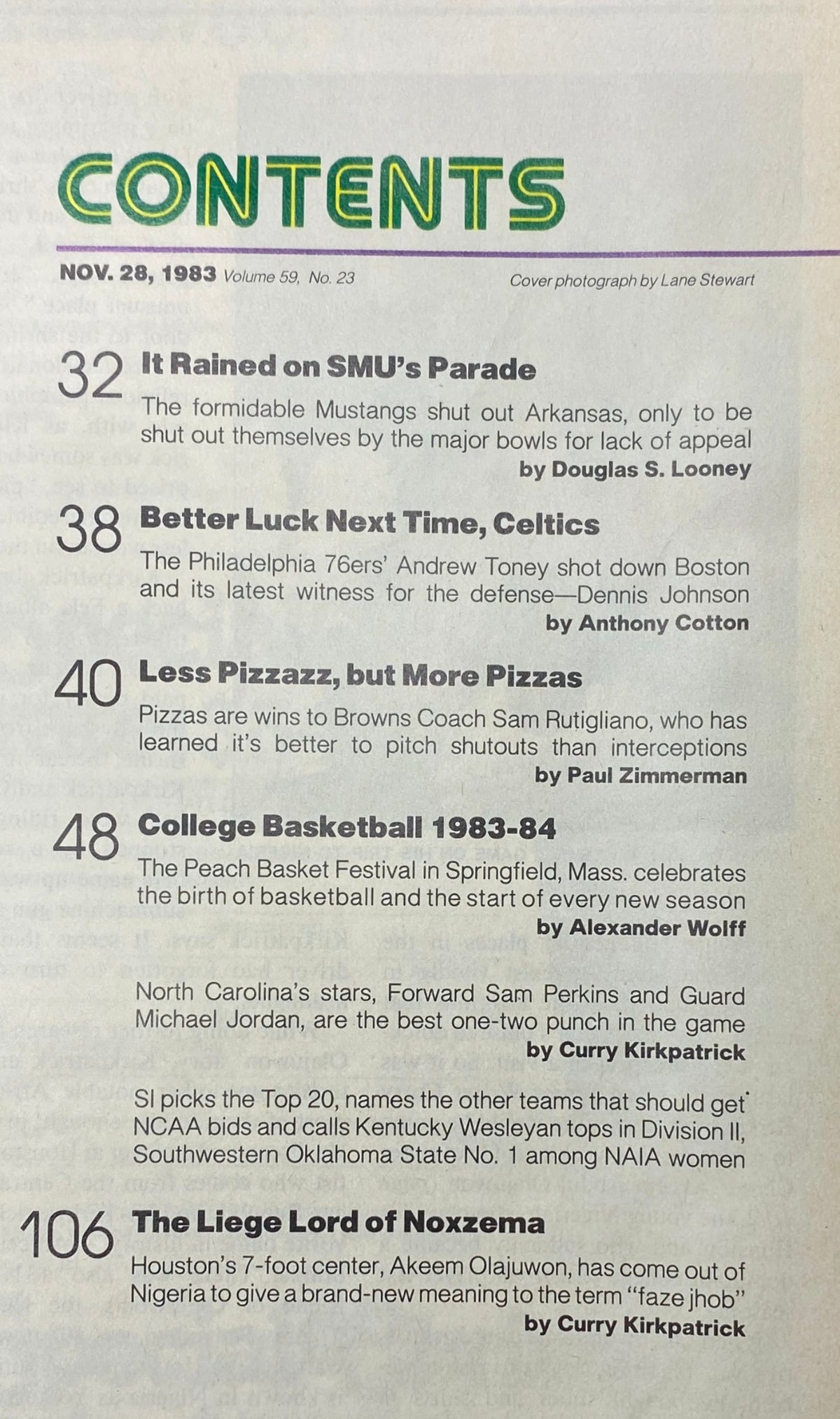 Contents page of Sports Illustrated Magazine November 28, 1983, highlighting features including articles on college basketball and the Peach Basket Festival.