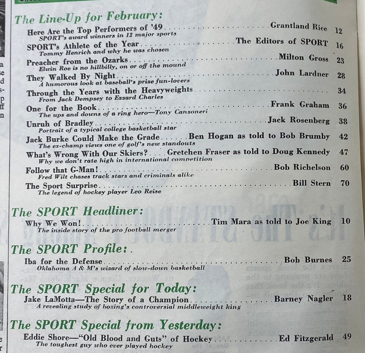 Contents page of Sport Magazine February 1950 listing featured articles including 'Top Performers of 49' and 'Tommy Henrich as Athlete of the Year'.