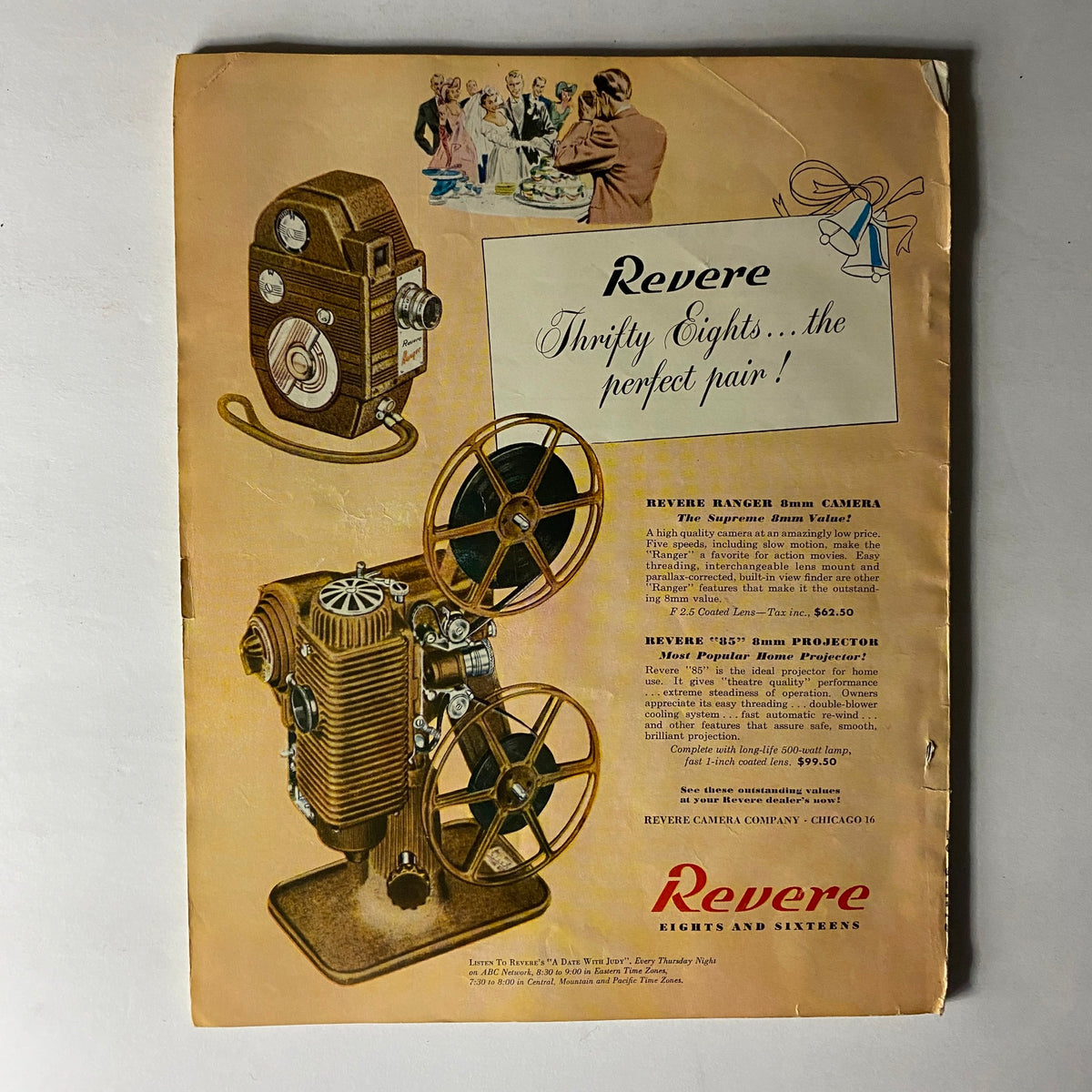 Back cover of Sport Magazine February 1950 displaying an advertisement for Revere 8mm camera and projector, highlighting film equipment for enthusiasts.
