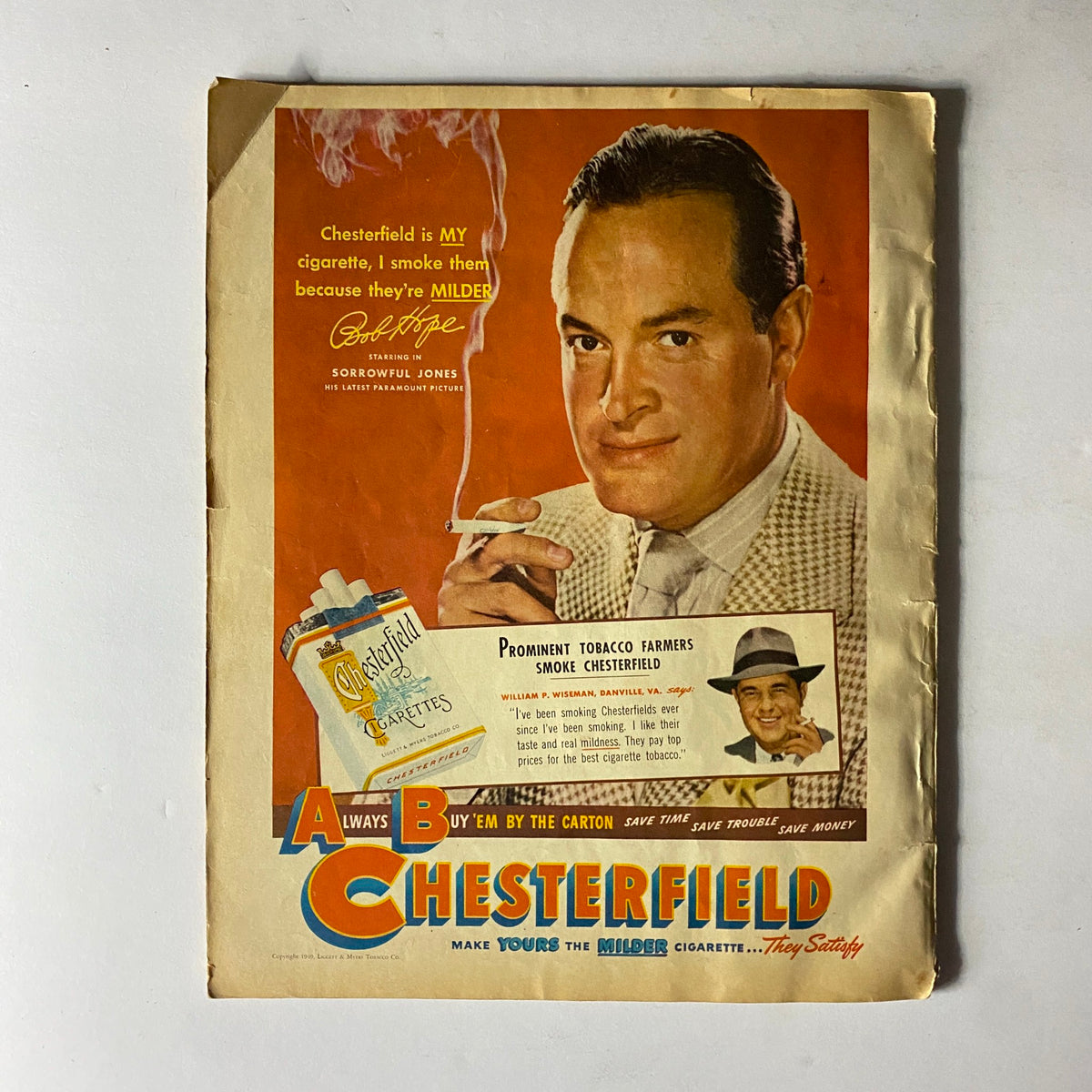 Advertisement for Chesterfield cigarettes featuring Bob Hope, promoting the brand as the milder cigarette, from the June 1949 issue of Sport Magazine.