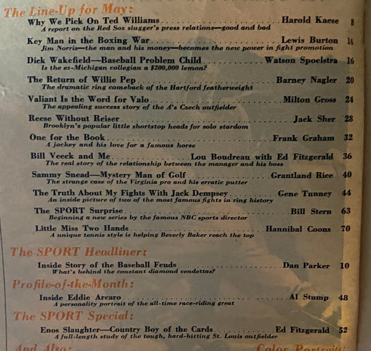 Table of contents from Sport Magazine May 1949, highlighting articles including 'Why We Pick On Ted Williams' and 'The Truth About My Fights With Jack Dempsey'.