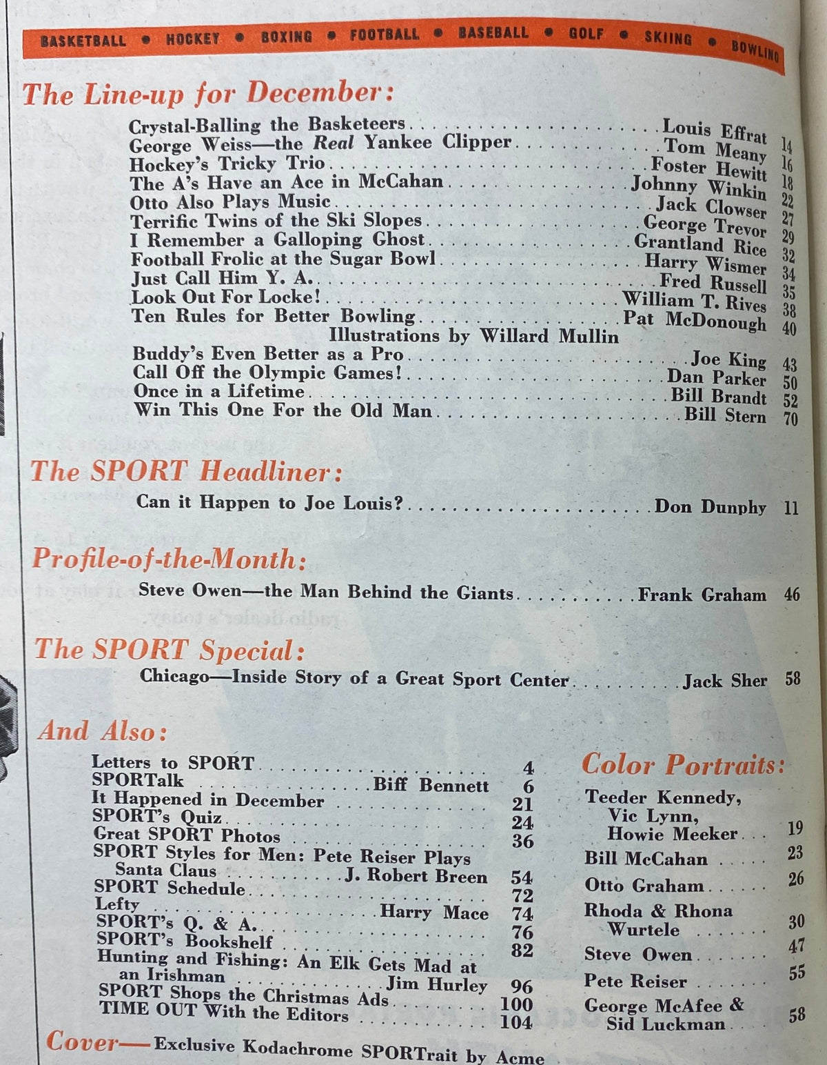 Interior page of Sport Magazine December 1947 listing articles and features, including profiles and stories related to basketball and football.