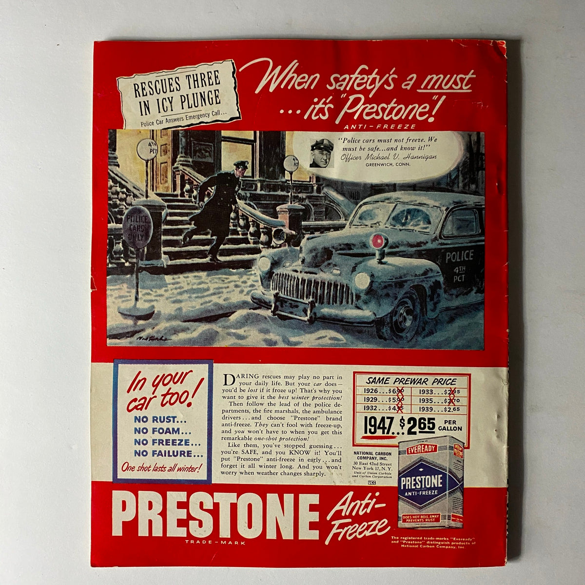 Back cover of Sport Magazine December 1947 featuring a vintage advertisement for Prestone Anti-Freeze, illustrating winter safety themes.