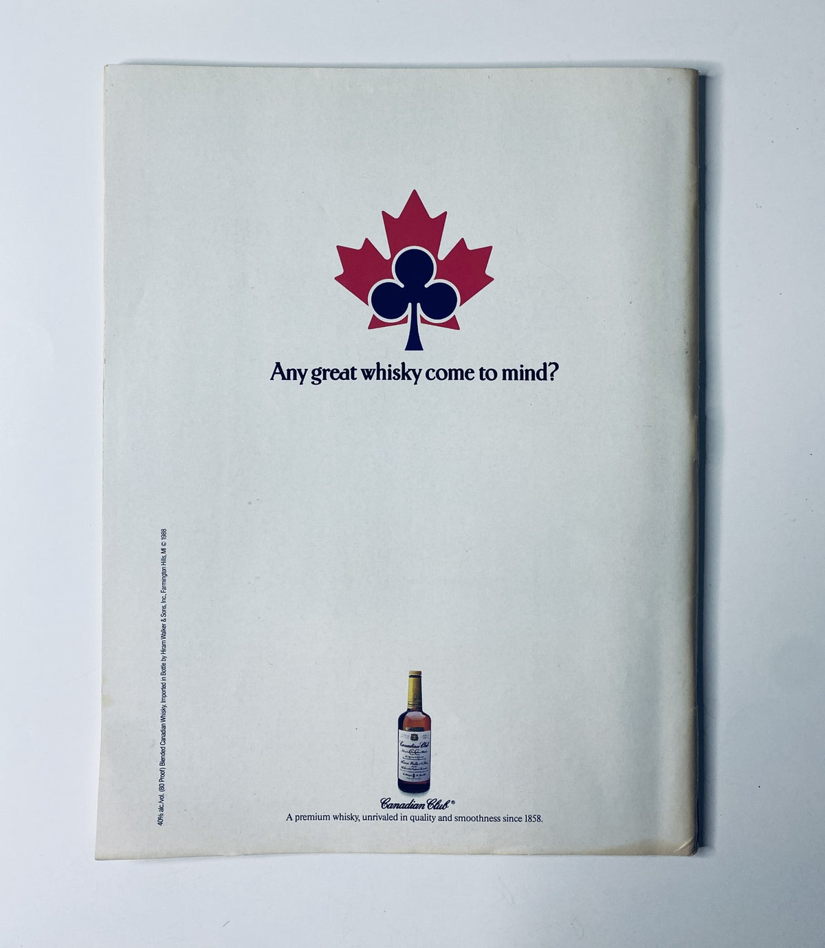 Back cover of The New Yorker Magazine February 8, 1988 featuring an advertisement for a premium whisky along with a maple leaf logo.