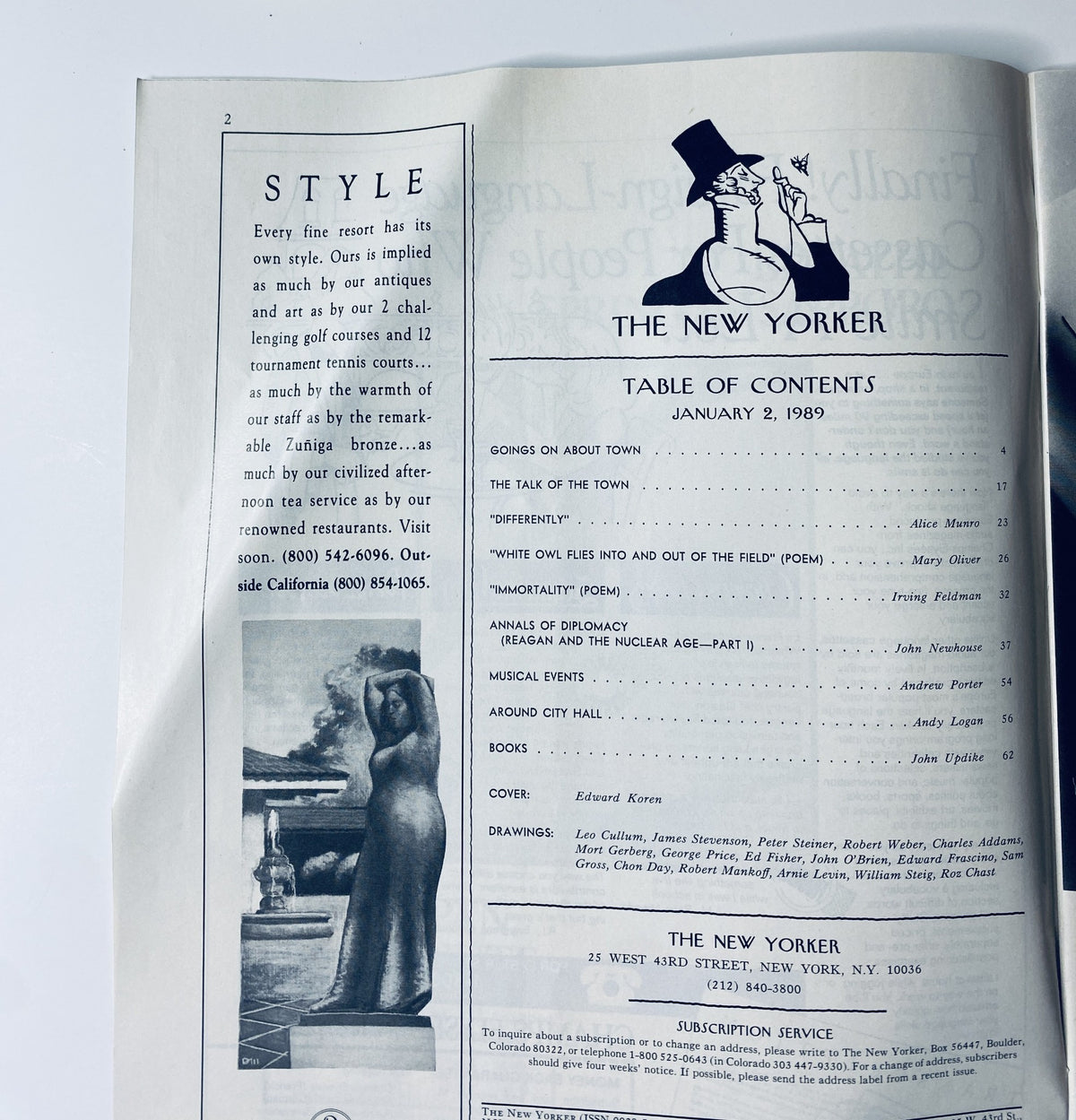 Interior page of The New Yorker Magazine January 2, 1989 showcasing the Table of Contents with sections like 'STYLE', 'GOINGS ON ABOUT TOWN', and various literary contributions.