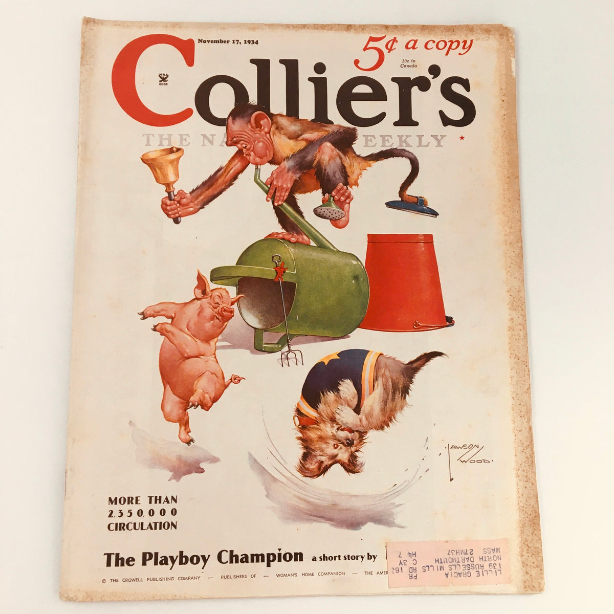 Cover of VTG Collier's Magazine dated November 17, 1934, featuring whimsical illustrations including a monkey, pig, and dog, promoting the short story 'The Playboy Champion' by Peter B. Kyne.