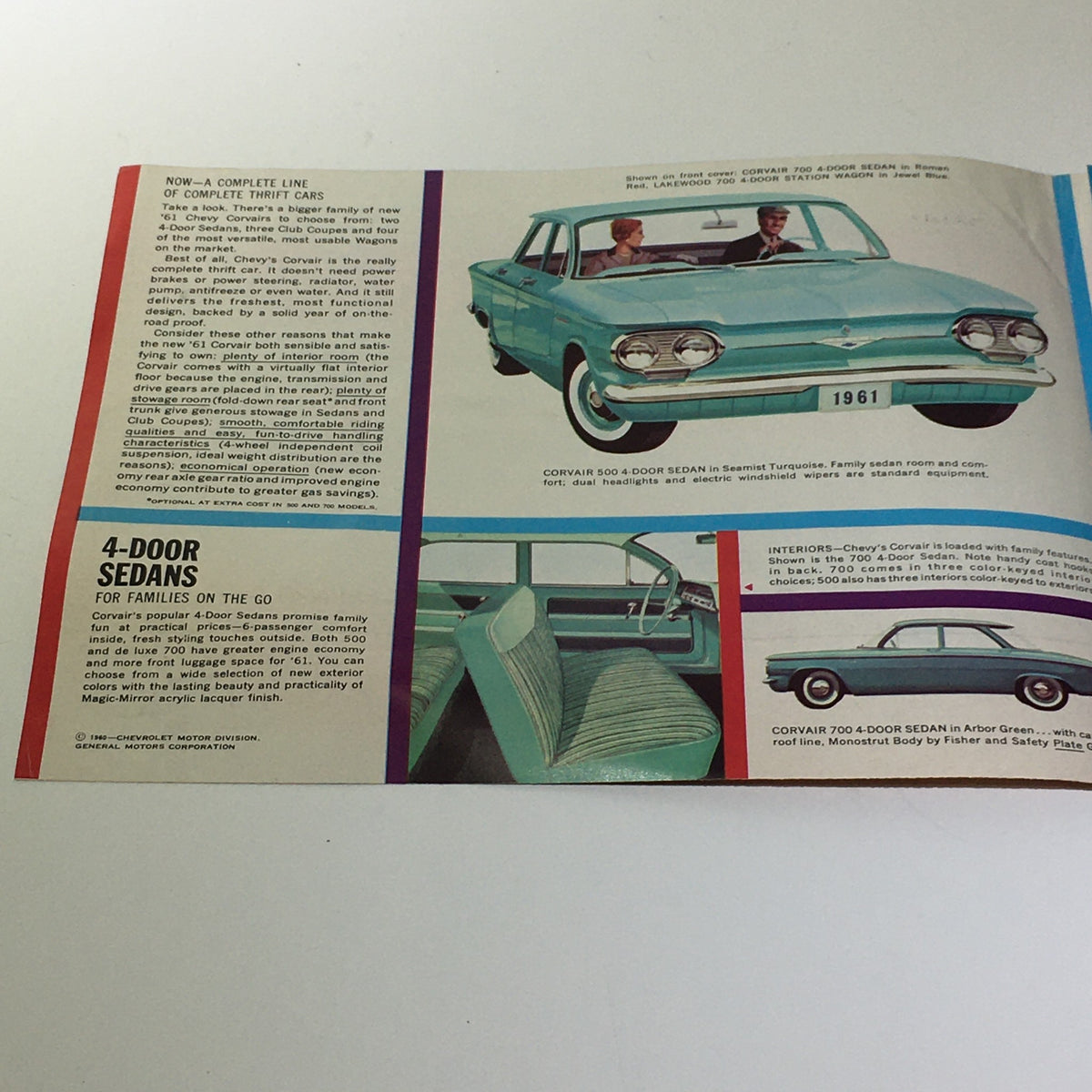 1961 Chevy Corvair 500 4-Door Sedan brochure interior showcasing family seating layout and features.