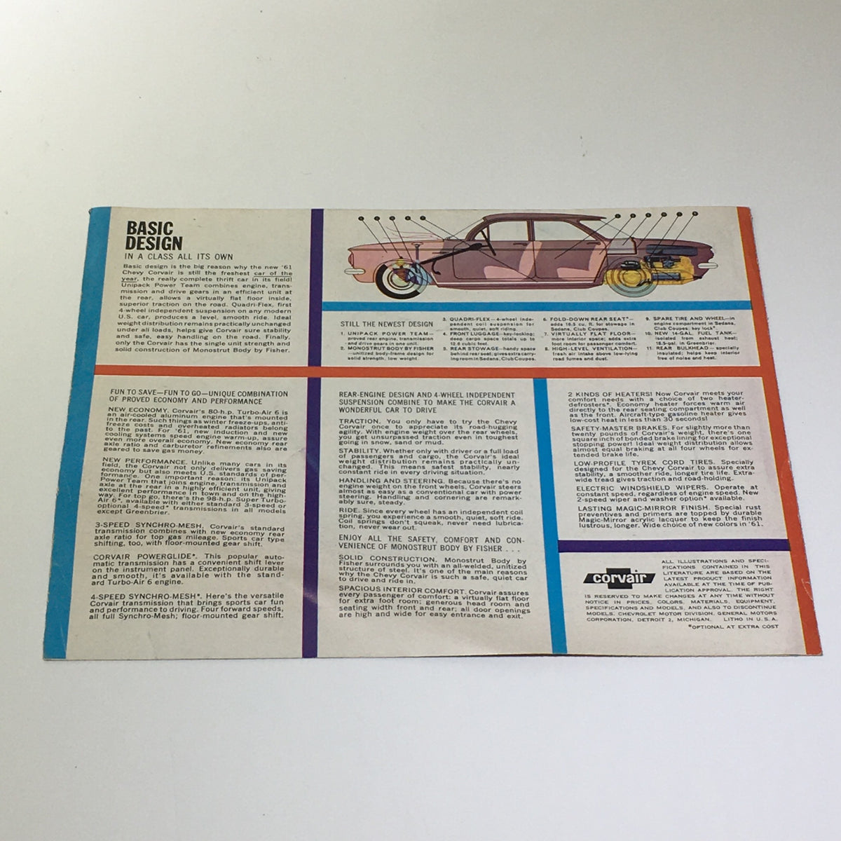 1961 Chevy Corvair 500 4-Door Sedan brochure detailing basic design elements and mechanical specifications.