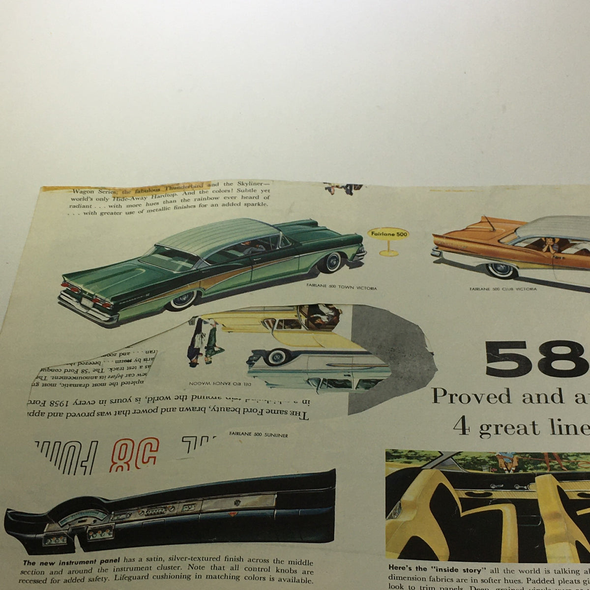 Interior page of the 1958 Ford Thunderbird & Skyliner Wagon Series V-8 Engine Car Catalog Brochure with illustrations of vintage Ford models.
