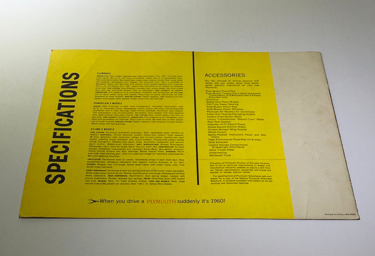 Specifications page of the 1960 Plymouth Torsion-Aire Ride brochure detailing models and available accessories.