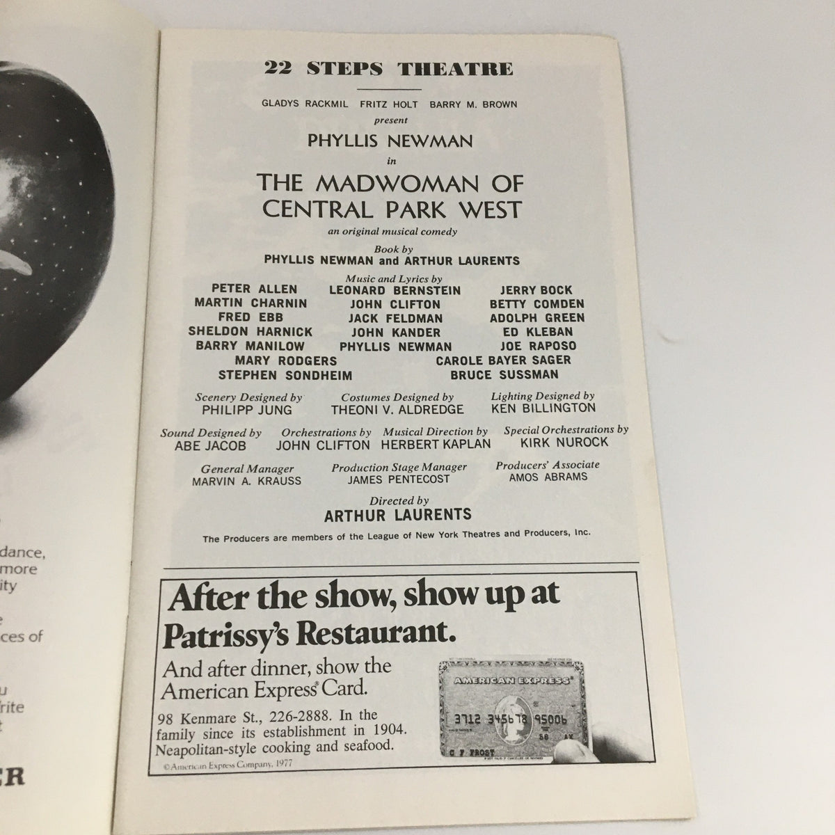 Inside page of the 1979 Showbill for 'The Madwoman of Central Park West', listing cast and production details from the 22 Steps Theatre.