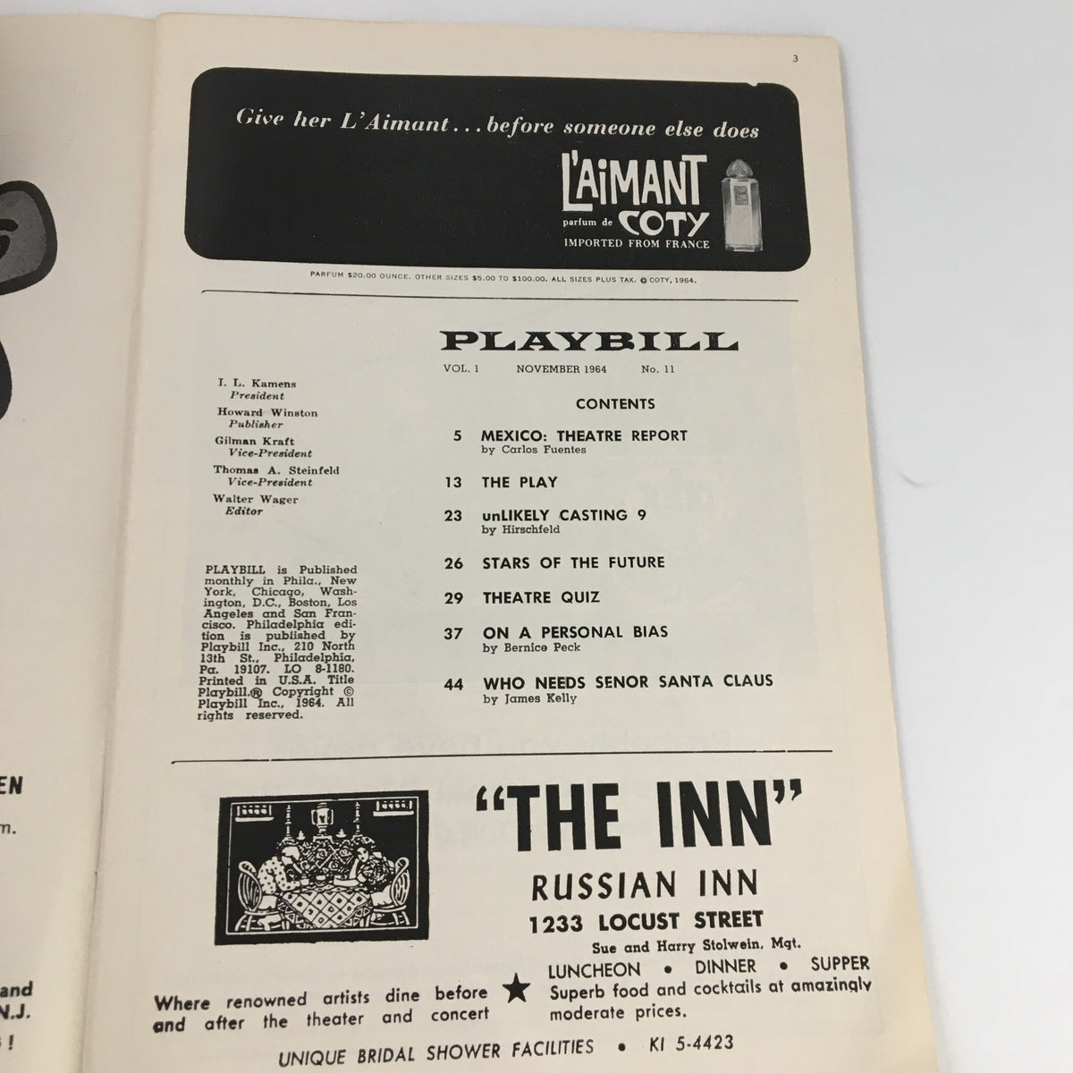 Inside page of the 1964 Playbill for Bajour, showcasing contents and additional theatrical features. Vintage theater program details.