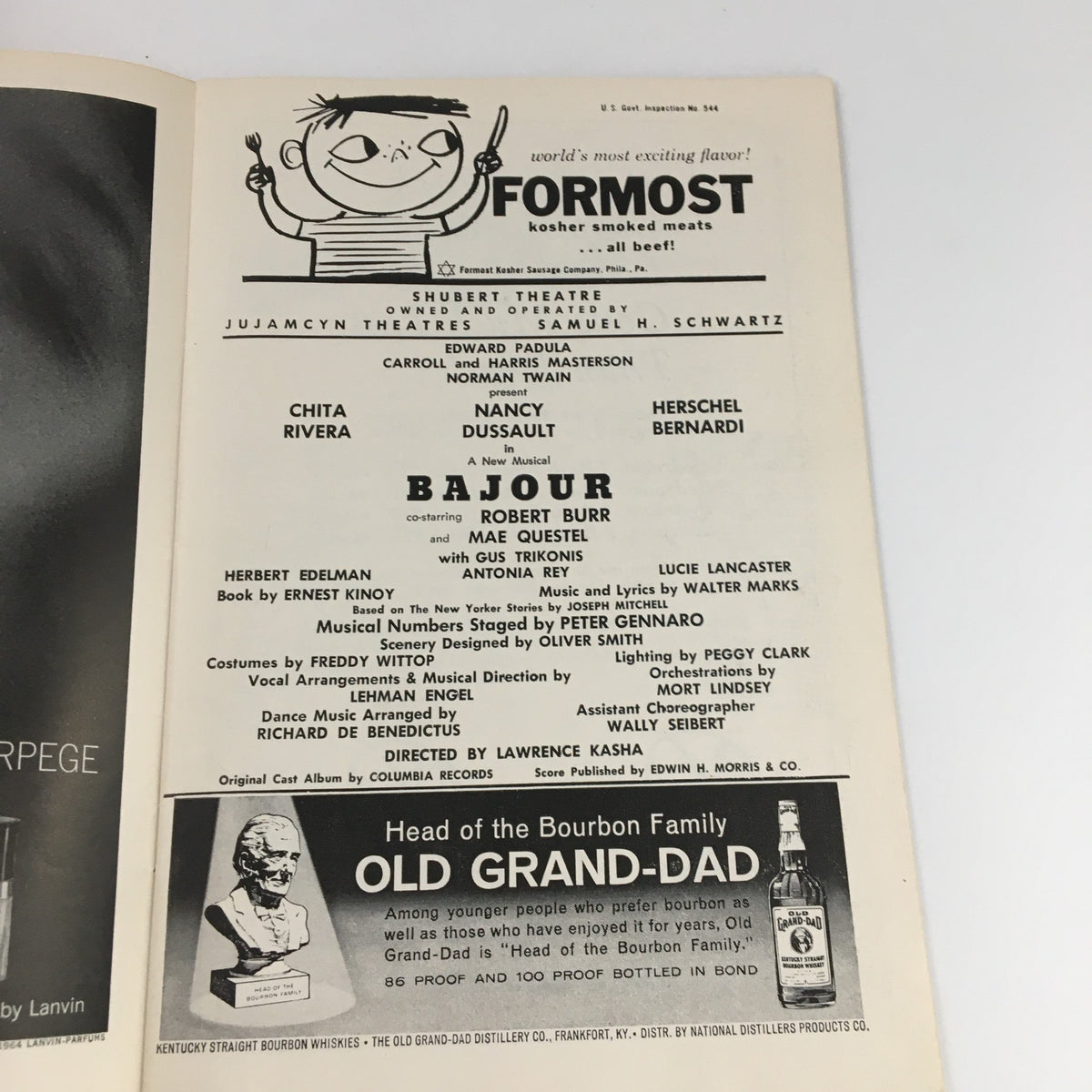 1964 Playbill Shubert Theatre featuring Bajour Musical with performers Chita Rivera and Nancy Dussault, showcasing iconic Broadway performances.