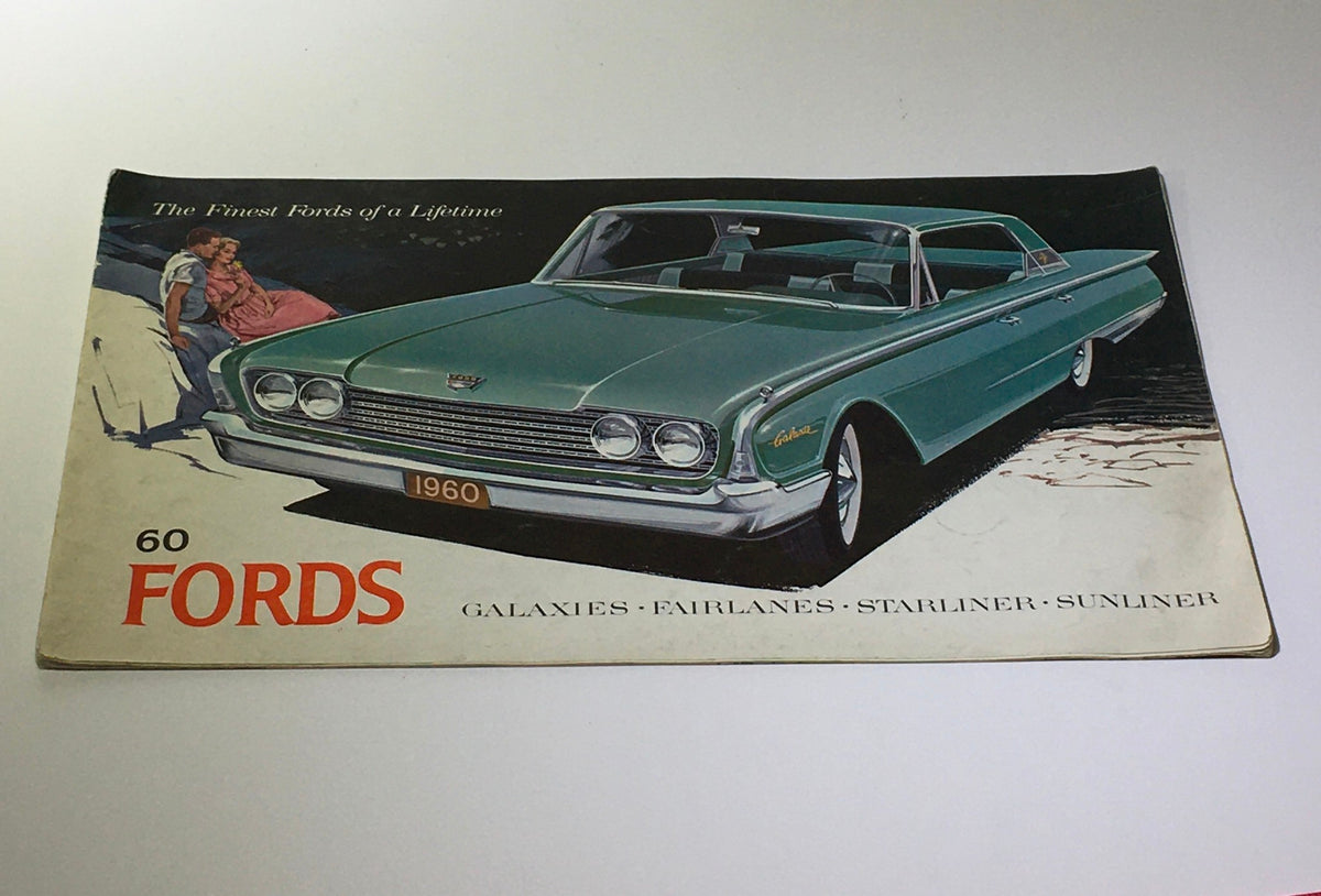 1960 Ford Galaxies-Fairlanes-Starliner-Sunliner V-8 Engine Car Catalog Brochure cover featuring a teal 1960 Ford model, with a couple sitting in the background, showcasing classic automotive design.