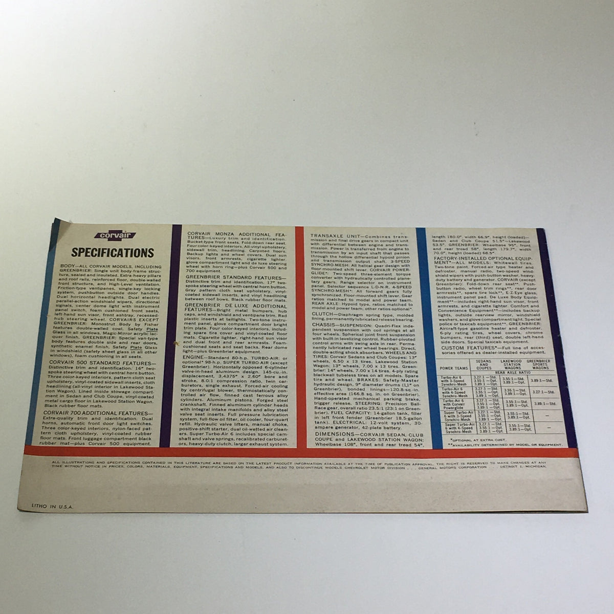 Back cover of the 1961 Chevy Corvair 4 New Wagons Lakewood 700 catalog detailing specifications and features.