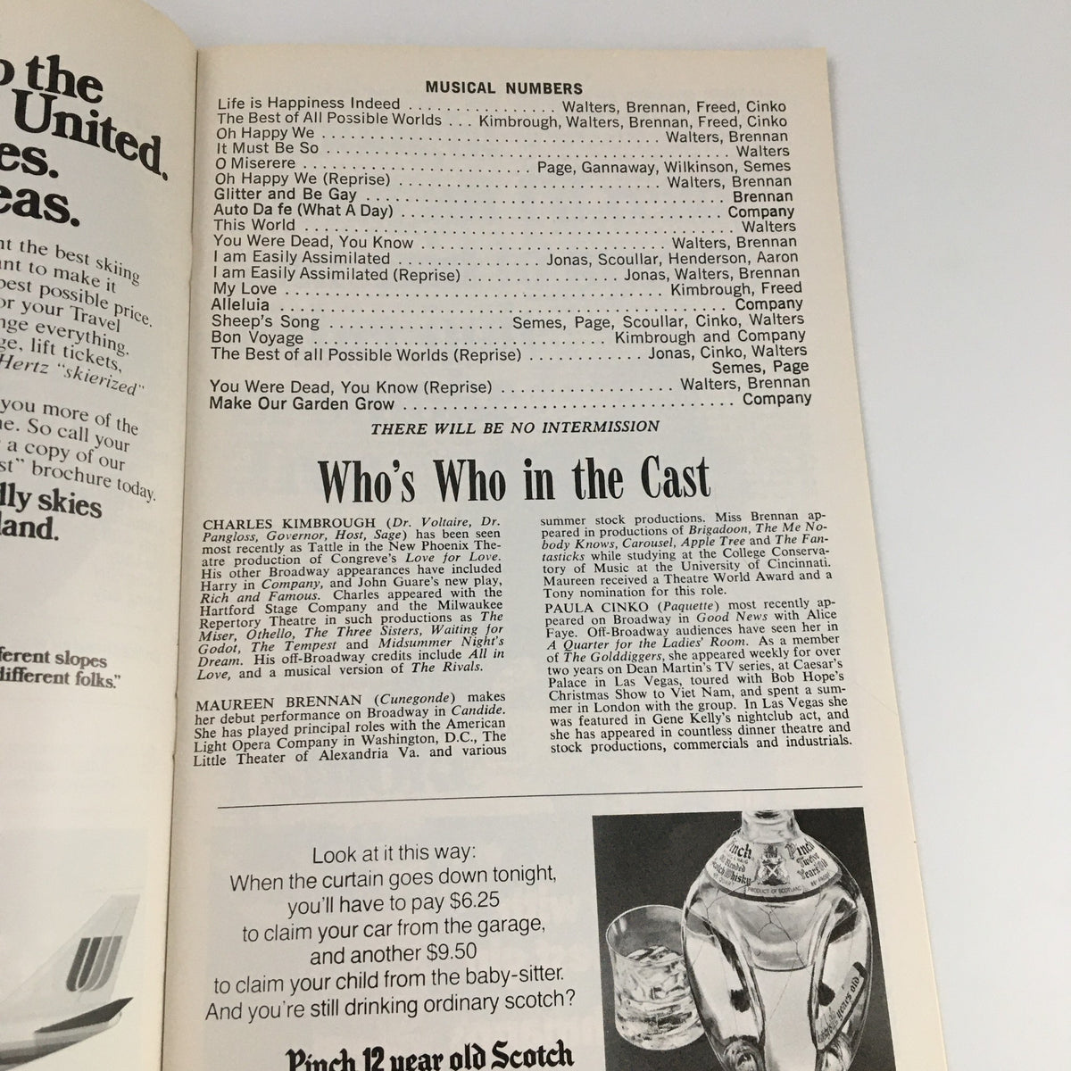 Interior page from the 1975 Playbill for Candide at The Broadway Theatre, detailing musical numbers and cast information featuring Charles Kimbrough and Maureen Brennan.