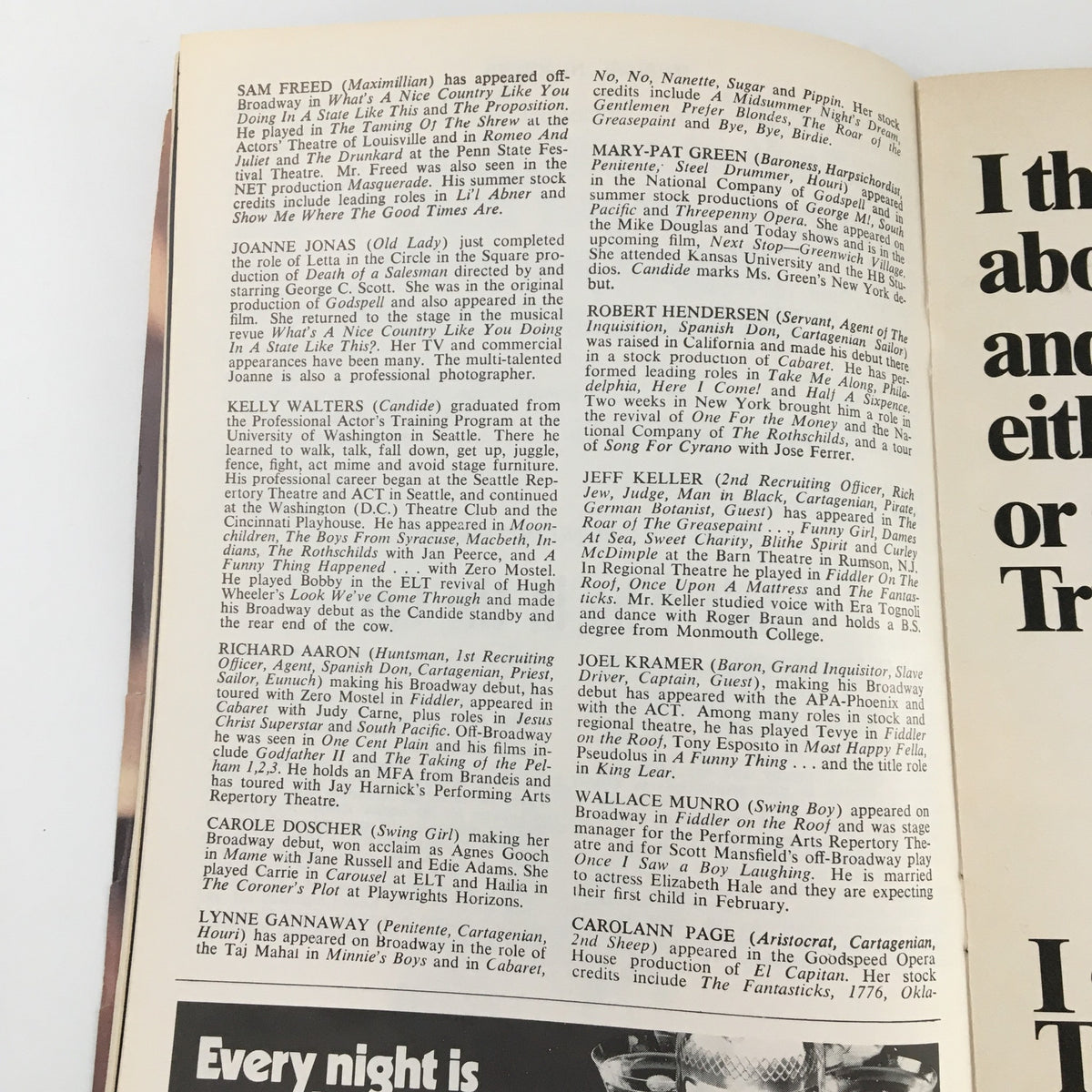 Continuation of the 1975 Playbill for Candide at The Broadway Theatre, showing additional cast members and their roles in the production.