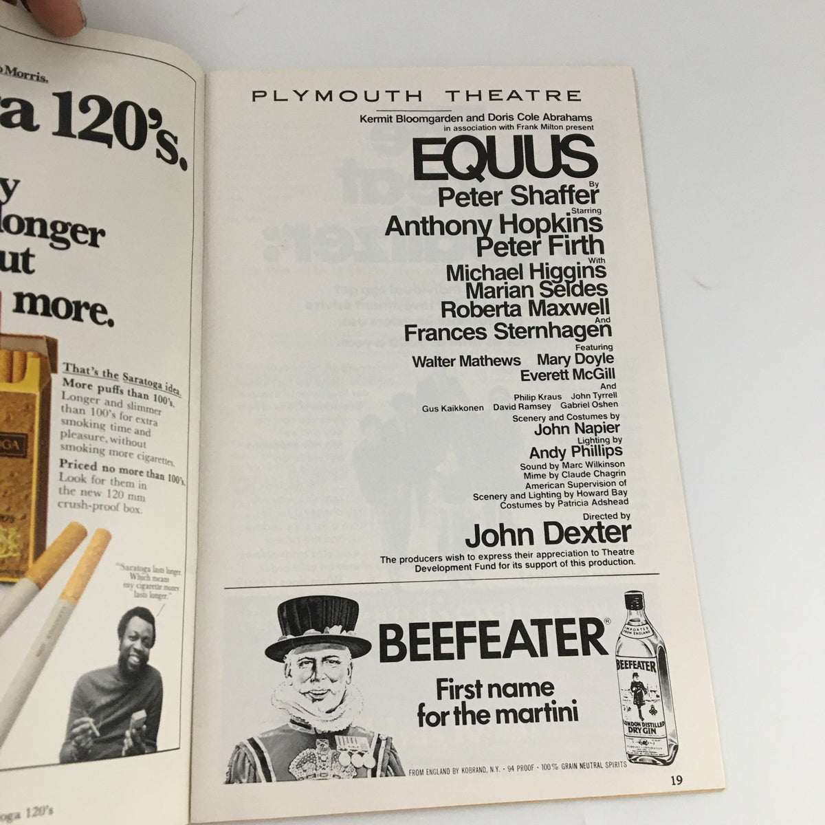 Interior page of the 1975 Playbill for Equus at Plymouth Theatre, listing cast members including Anthony Hopkins and Peter Firth.