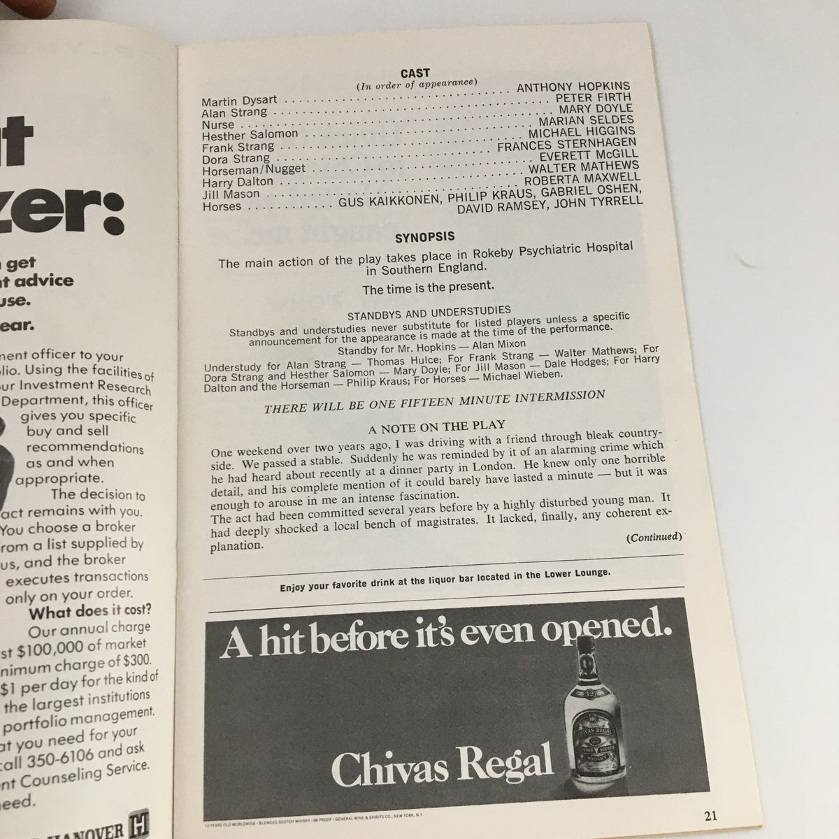 Another interior page of the 1975 Playbill for Equus detailing the play's cast and synopsis at Plymouth Theatre.