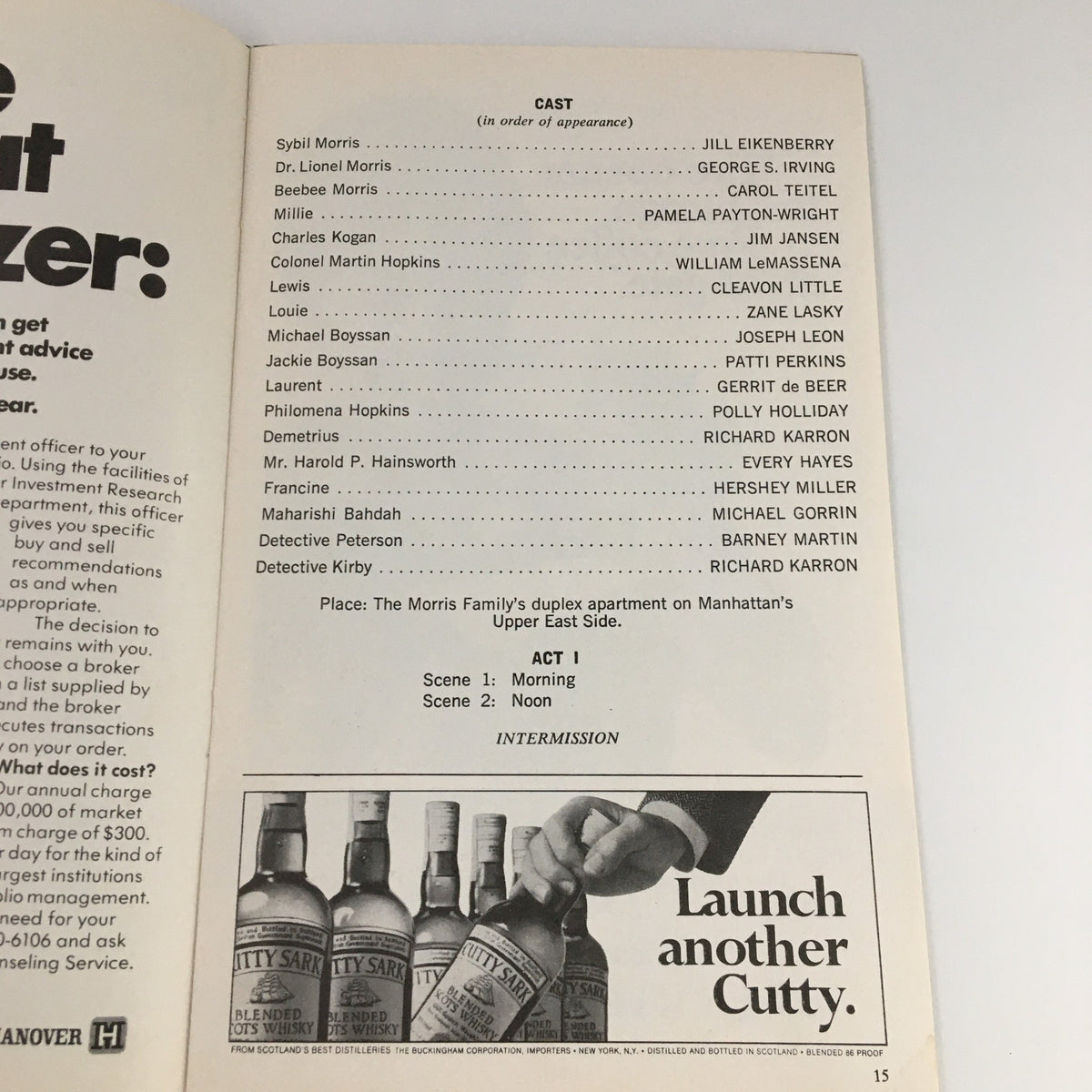 Interior page of the 1975 Playbill for 'All Over Town' at The Booth Theatre, showcasing the cast, including Jim Jansen and intermission details.