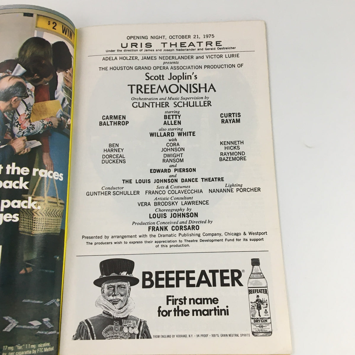 Inside view of the 1975 Playbill Uris Theatre for Scott Joplin's Treemonisha detailing cast and creative team.