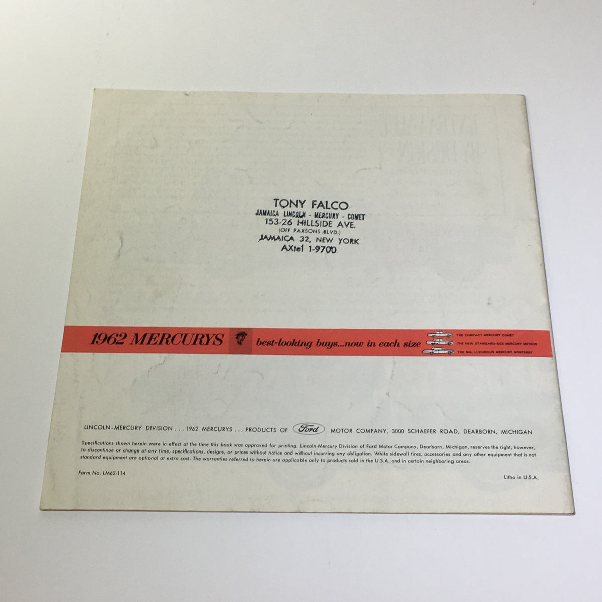 Back cover of the 1962 Mercury's Comet Meteor Monterey V-8 Engine 2-Barrel Carburetor Car Catalog displaying contact information and promotional details.