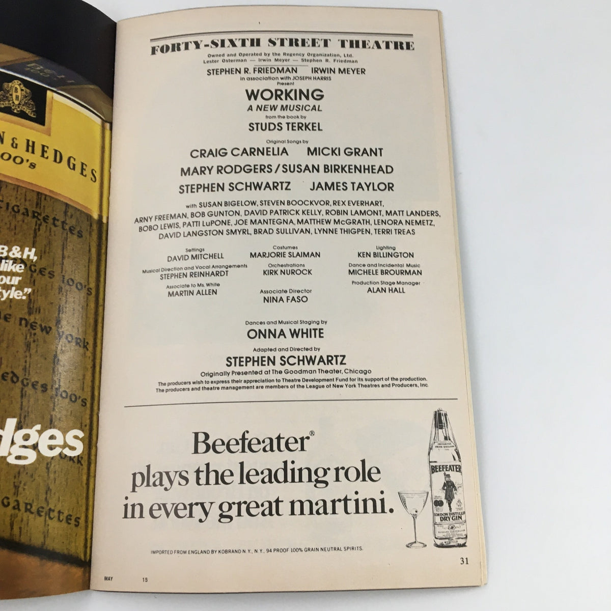 1978 Playbill from 46th Street Theatre featuring the production 'Working' with Craig Carnella and Micki Grant, showcasing theater memorabilia including cast list.