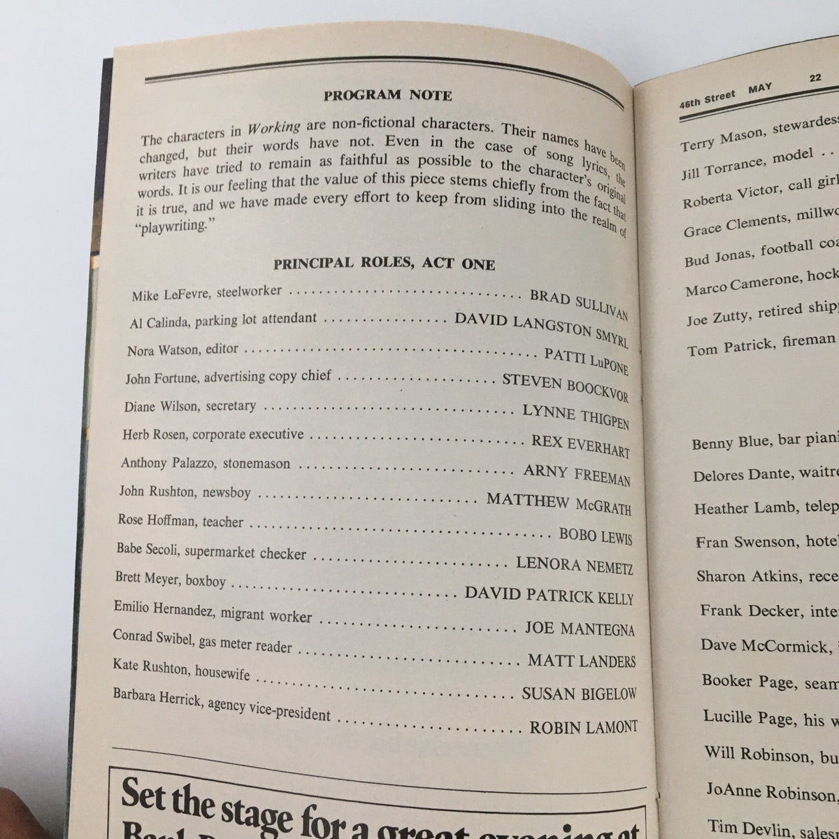 1978 Playbill program note page from 46th Street Theatre, highlighting characters and roles in the production 'Working' featuring Craig Carnella and Micki Grant.