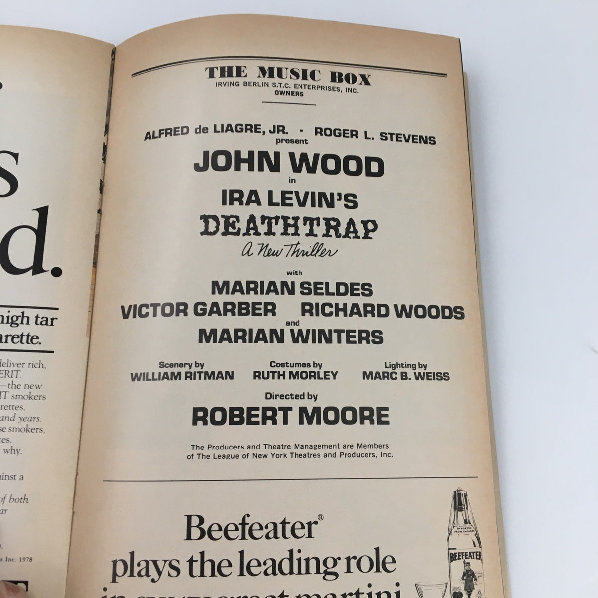 Interior page of the 1978 Playbill for 'Deathtrap,' listing cast and production credits under 'The Music Box' header.