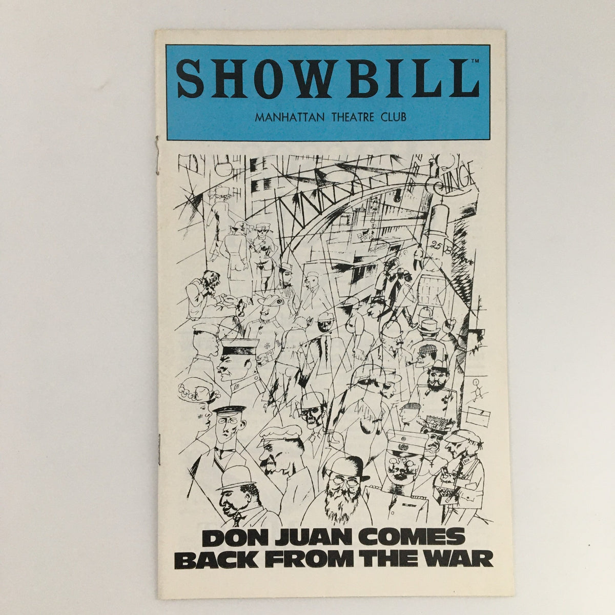 1979 Showbill for 'Don Juan Comes Back From The War' by Johann Cascante featuring a creative illustration representing the theatrical production, from the Manhattan Theatre Club.
