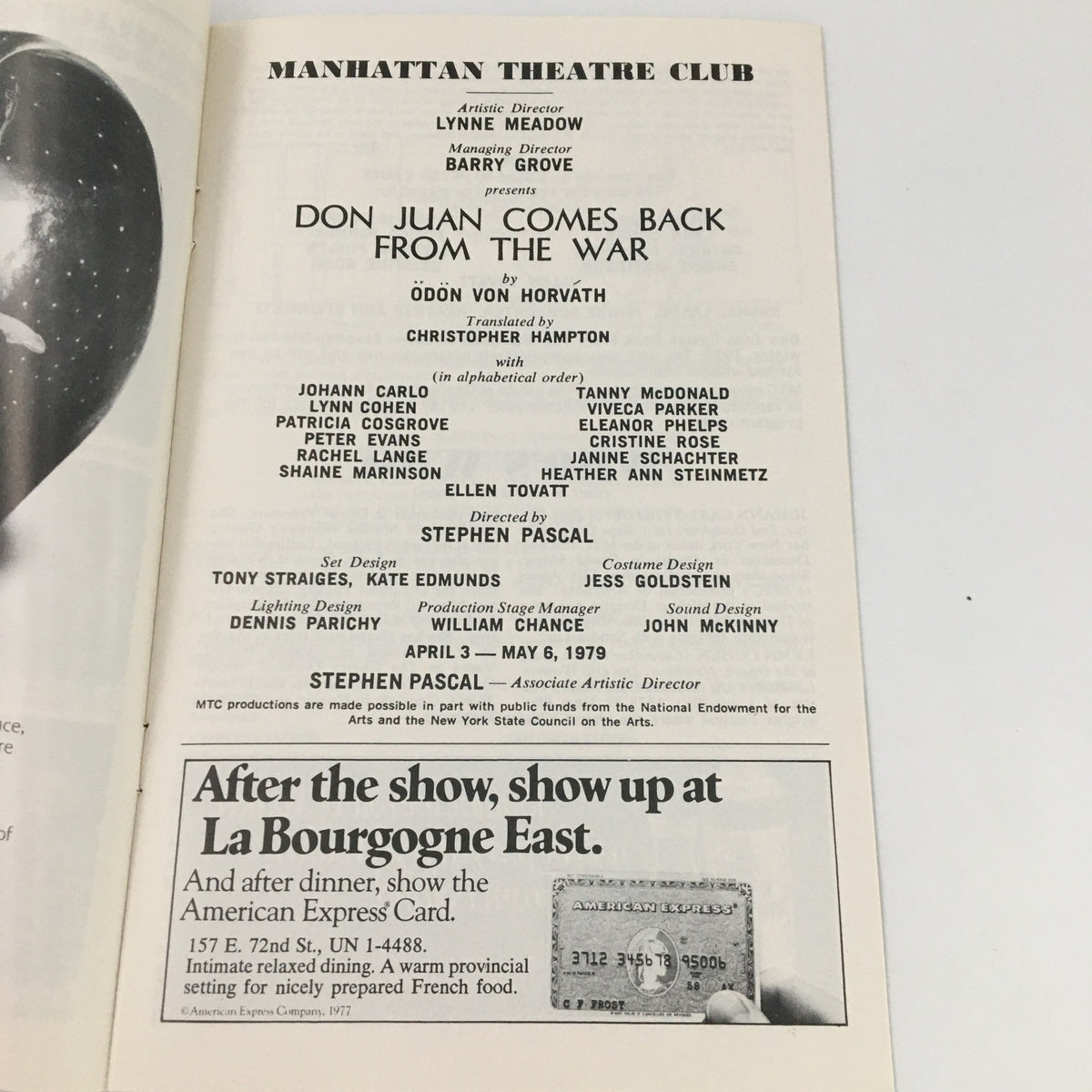 1979 Showbill 'Don Juan Comes Back From The War' by Johann C featured page with cast and crew details from the Manhattan Theatre Club.