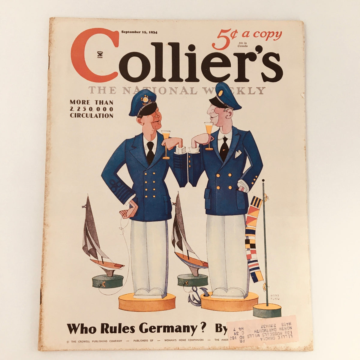 Cover of the vintage VTG Collier's Magazine, dated September 15, 1934, featuring the article 'Who Rules Germany?' by T.R. Ybarra, showcasing illustrated characters in naval uniforms holding drinks with boats in the background.