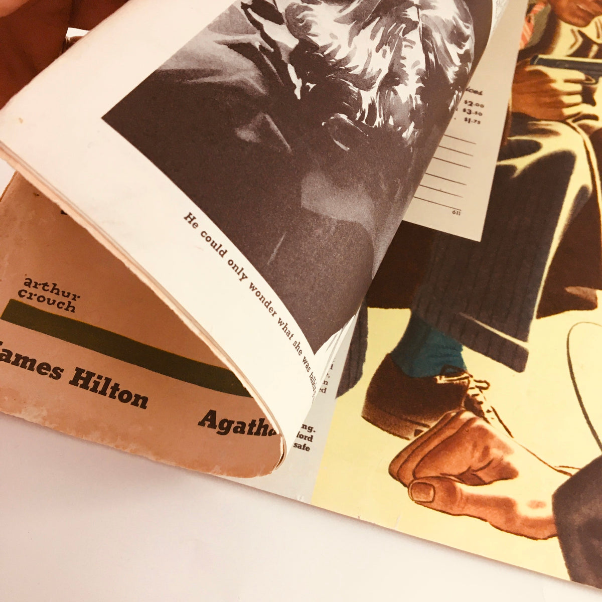 Inside page of the vintage Collier's Magazine dated December 3, 1938, featuring notable authors James Hilton and Agatha Christie. A visual representation of classic literature appeals.