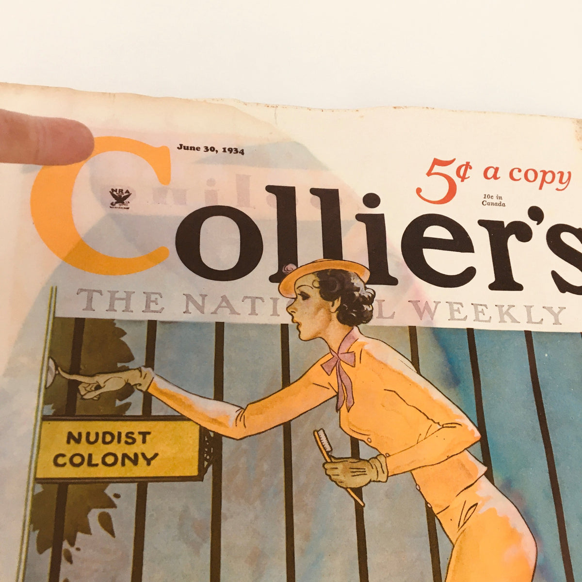 Zoomed-in image of the cover of Collier's Magazine June 30, 1934, with a woman reaching for the door of a nudist colony, featuring the magazine's title prominently.