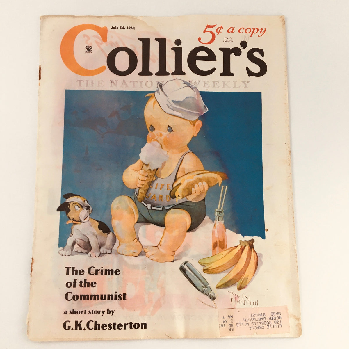 Cover of VTG Collier's Magazine dated July 14, 1934, featuring the article 'The Crime of Communist' by G.K. Chesterton, with an illustration of a child enjoying ice cream and a puppy, showcasing the vintage design.