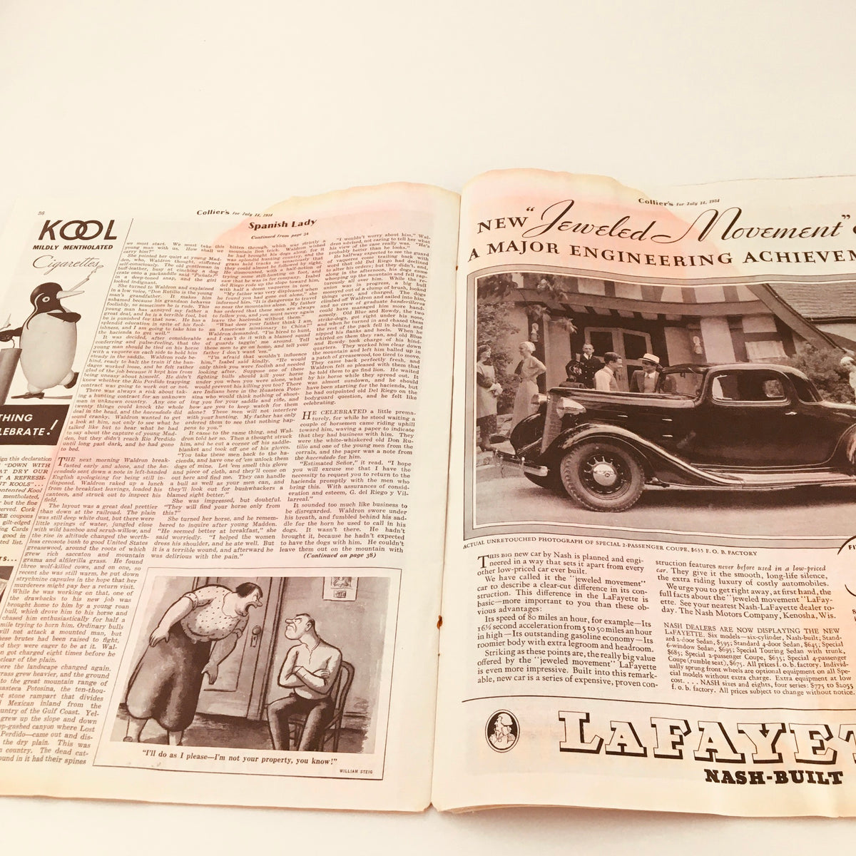 Double-page spread from VTG Collier's Magazine July 14, 1934 showcasing a mix of articles and advertisements, including vintage characters and a Nash vehicle.