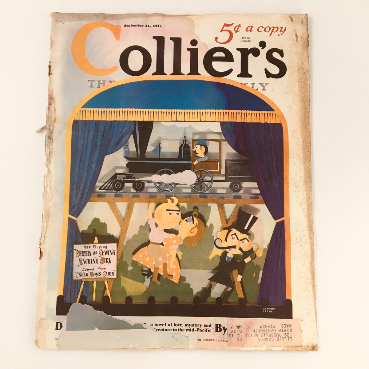 VTG Collier's Magazine September 21 1935 cover featuring the illustrated story of Bertha The Sewing Machine Girl, showcasing a colorful theatrical scene with characters and a train.
