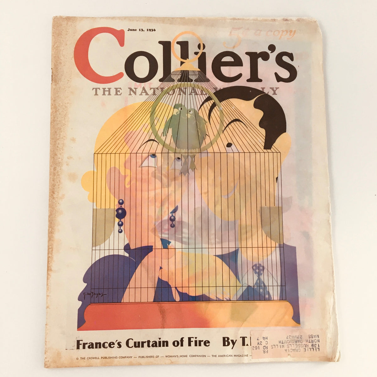 Cover of VTG Collier's Magazine from June 13, 1936, featuring a colorful illustration of a bird cage and a whimsical character by artist George De Zayas. This vintage magazine showcases unique 1930s artistry and literature.