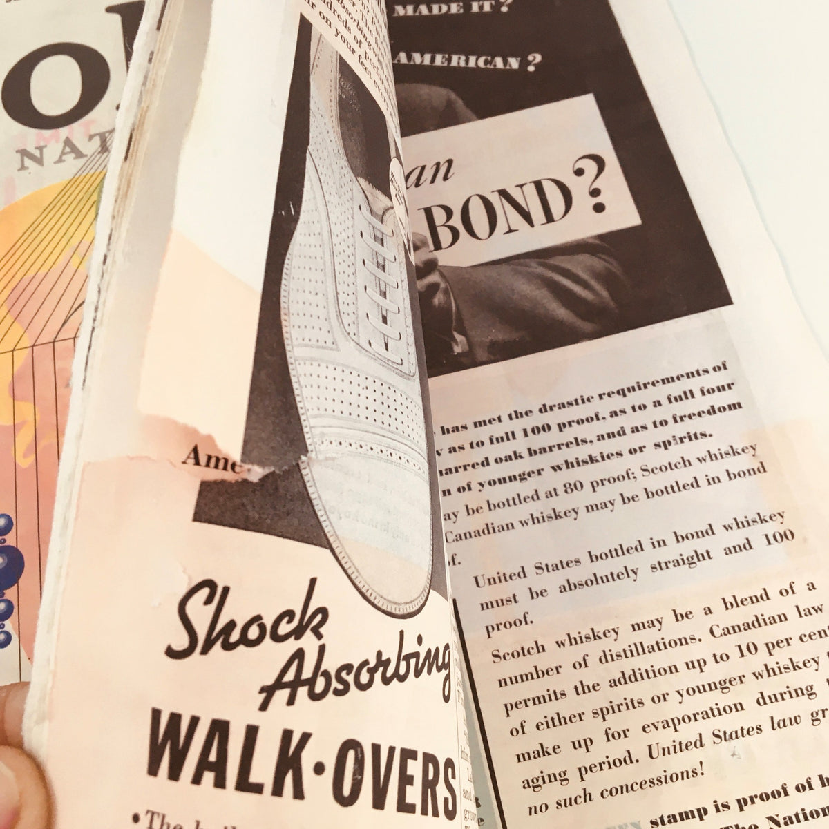 Inside view of VTG Collier's Magazine June 13, 1936, displaying a page featuring vintage advertisements and detailing age-related wear.