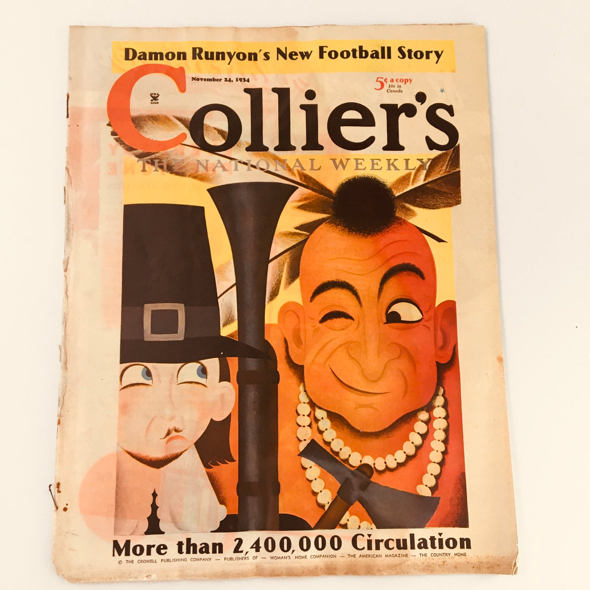 VTG Collier's Magazine cover from November 24, 1934, featuring Damon Runyon's Football Story with vintage art depicting diverse characters, highlighting the magazine's theme of American culture and sports during the 1930s.